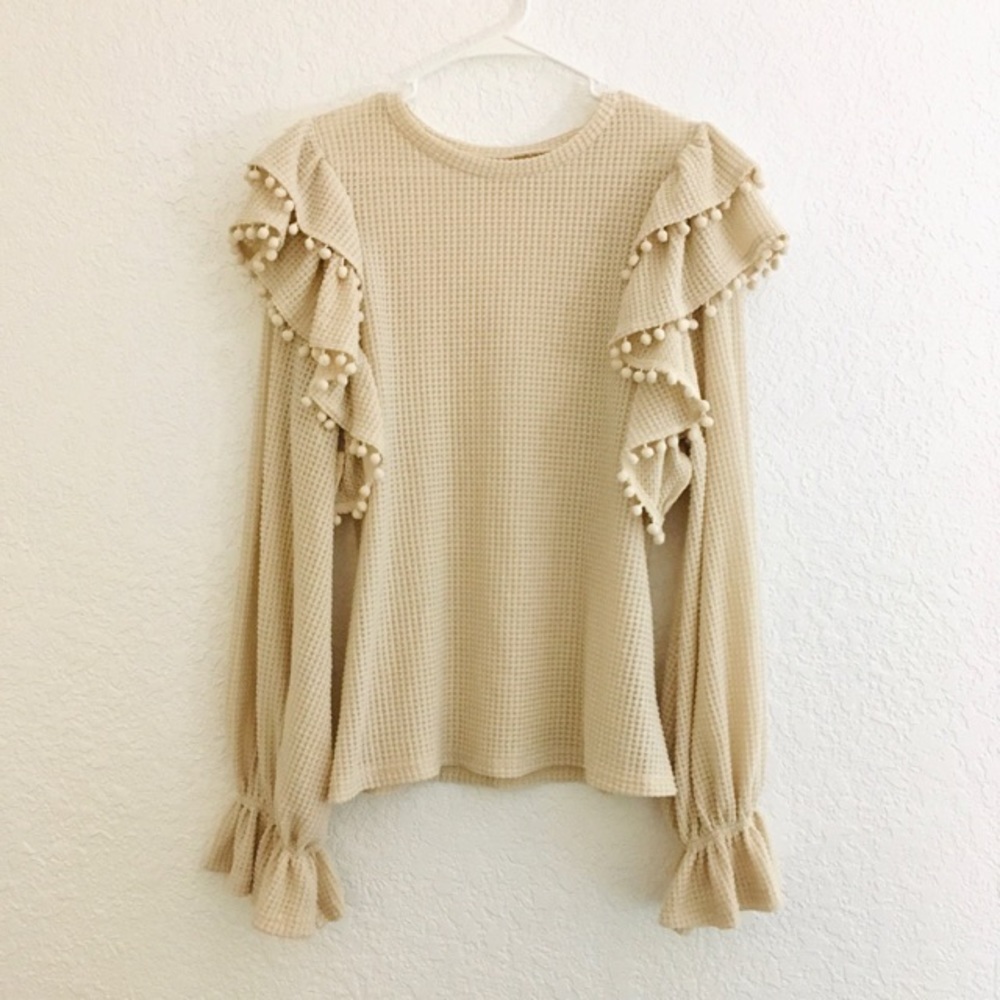 NWOT Shein Curve Boho Cream Pom Pom Trim Ruffle Flounce Bell Sleeves